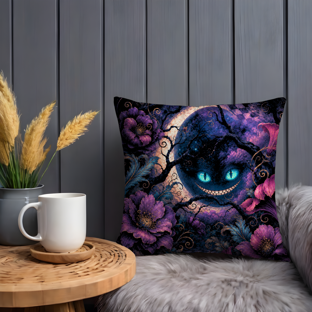 Cheshire Cat Pillow Cover | Gothic Wonderland Art | Dark Fantasy Decor
