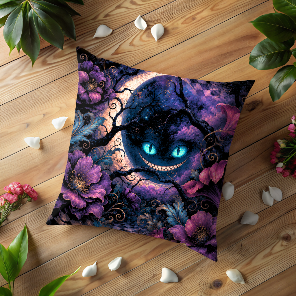 Cheshire Cat Pillow Cover | Gothic Wonderland Art | Dark Fantasy Decor
