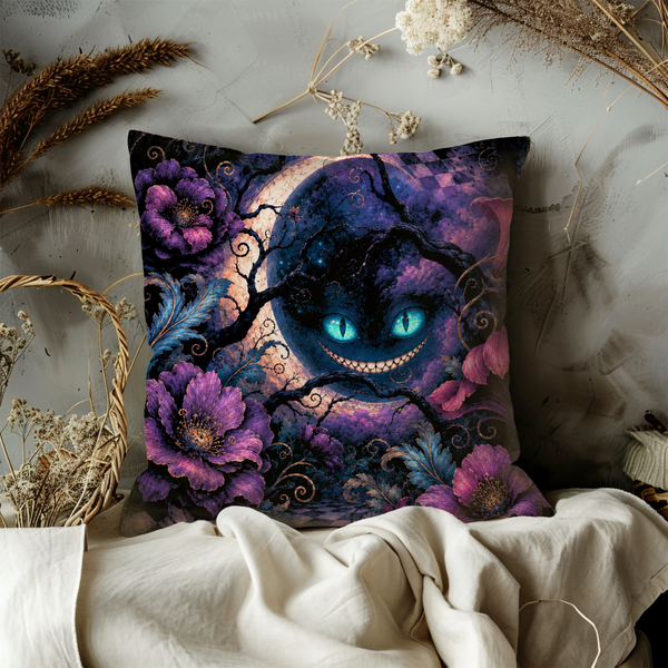 Cheshire Cat Pillow Cover – Gothic Wonderland Art | Dark Fantasy Decor