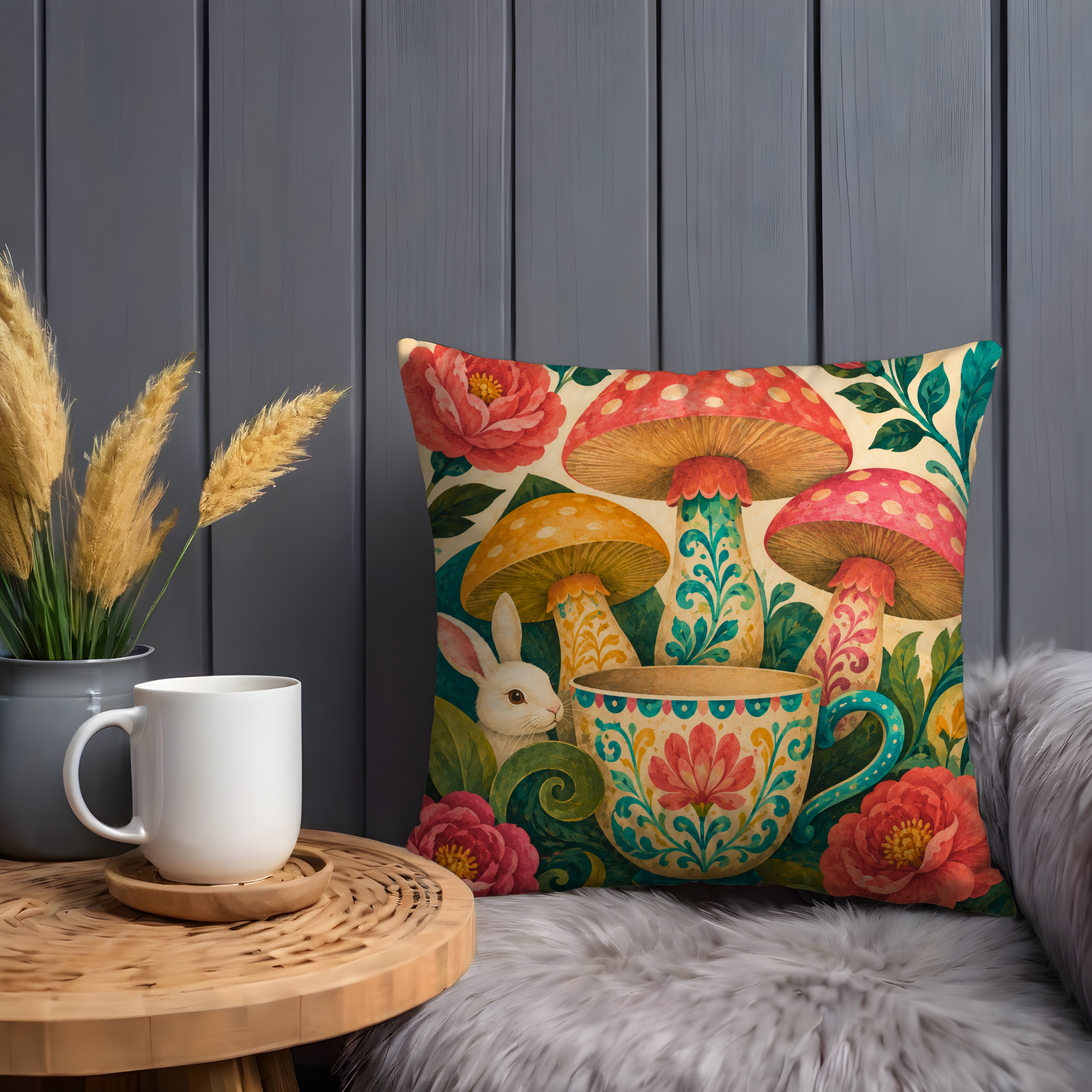 Alice Teacup Pillow Cover | Whimsical Mushroom Art | Fairy Tale Decor