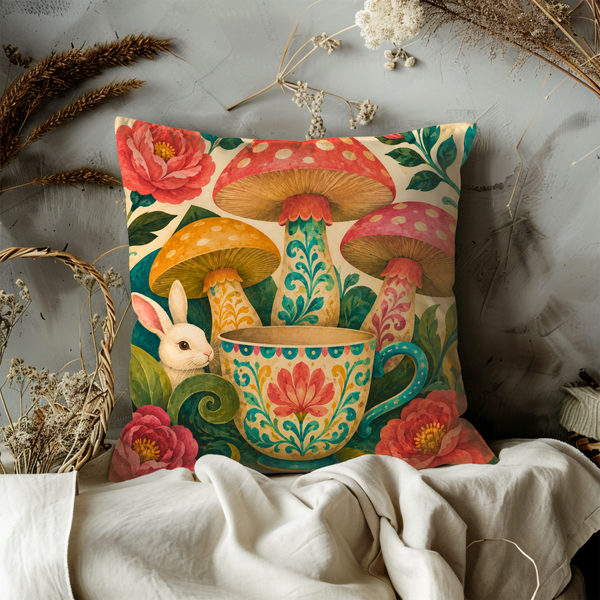 Alice Teacup Pillow Cover – Whimsical Mushroom Art | Fairy Tale Decor