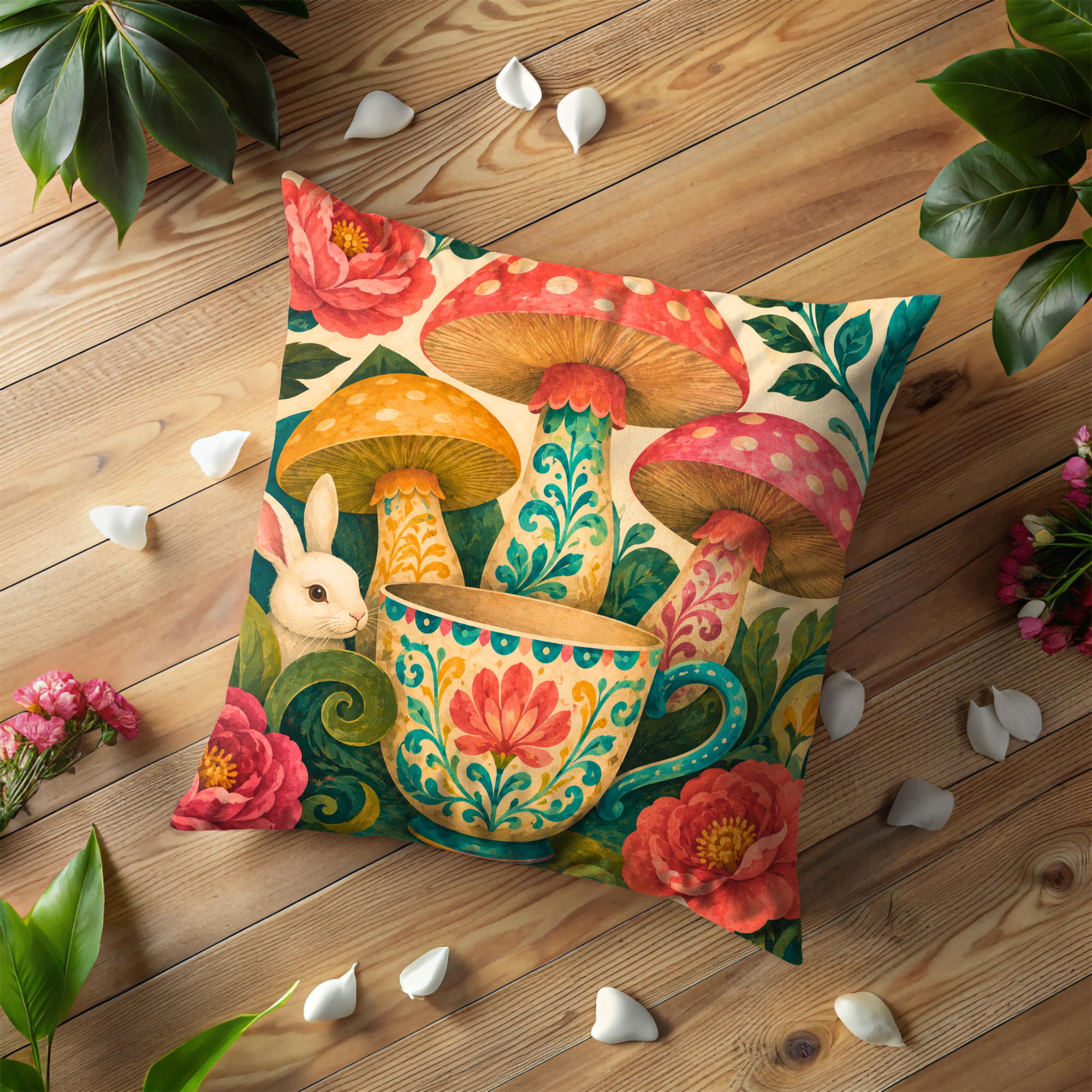 Alice Teacup Pillow Cover | Whimsical Mushroom Art | Fairy Tale Decor