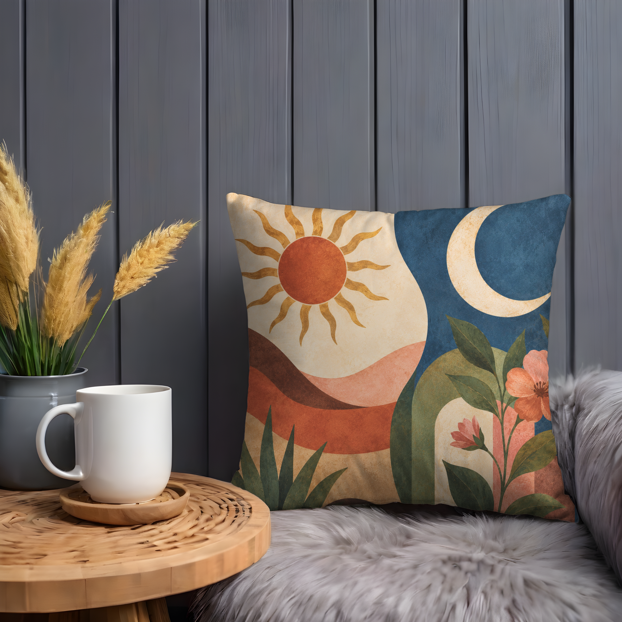 Sun and Moon Pillow Cover | Abstract Landscape Art | Boho Decor