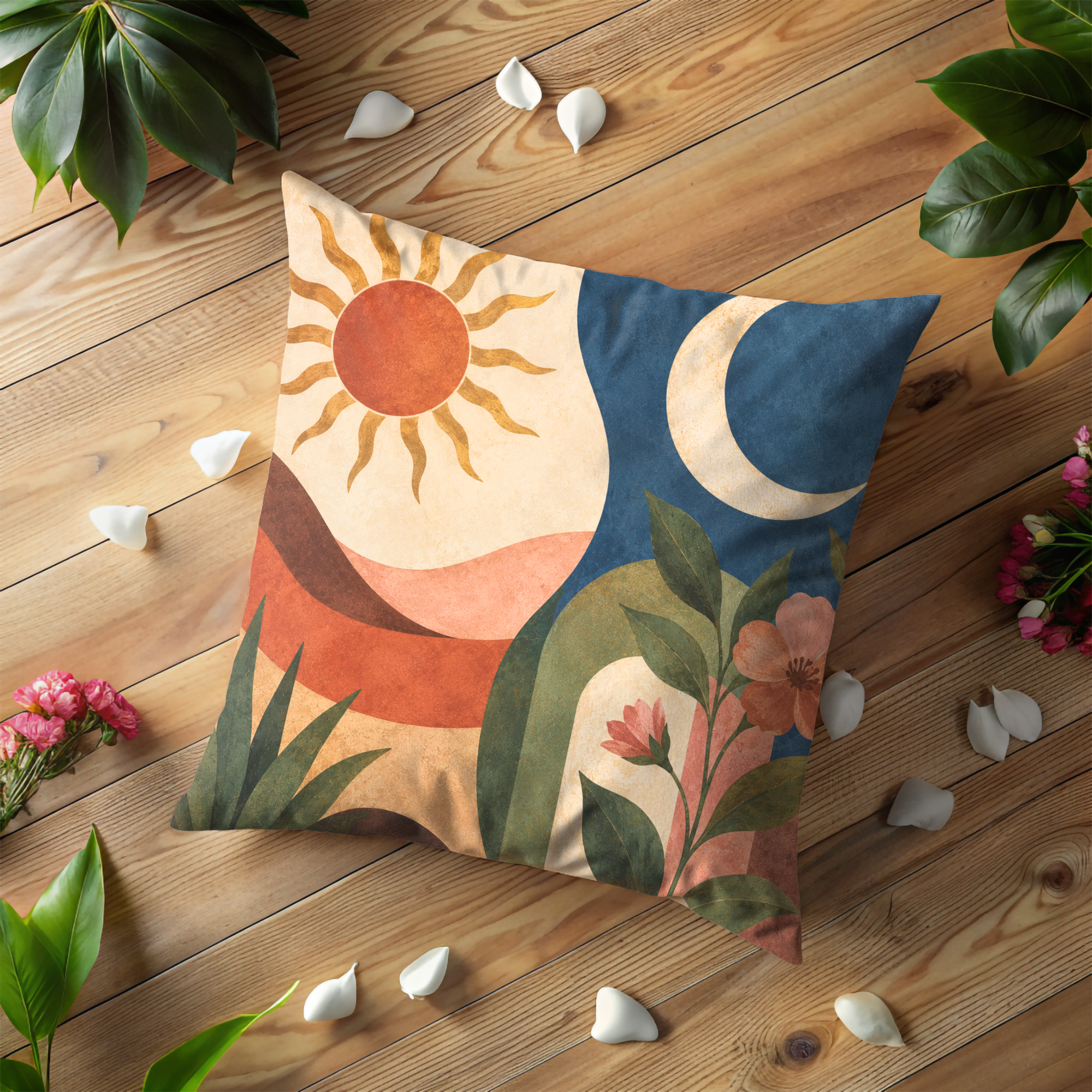 Sun and Moon Pillow Cover | Abstract Landscape Art | Boho Decor
