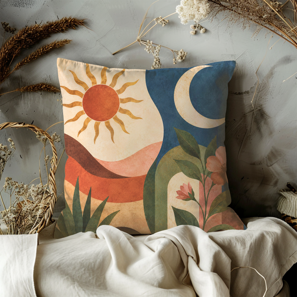 Sun and Moon Pillow Cover – Abstract Landscape Art | Boho Decor