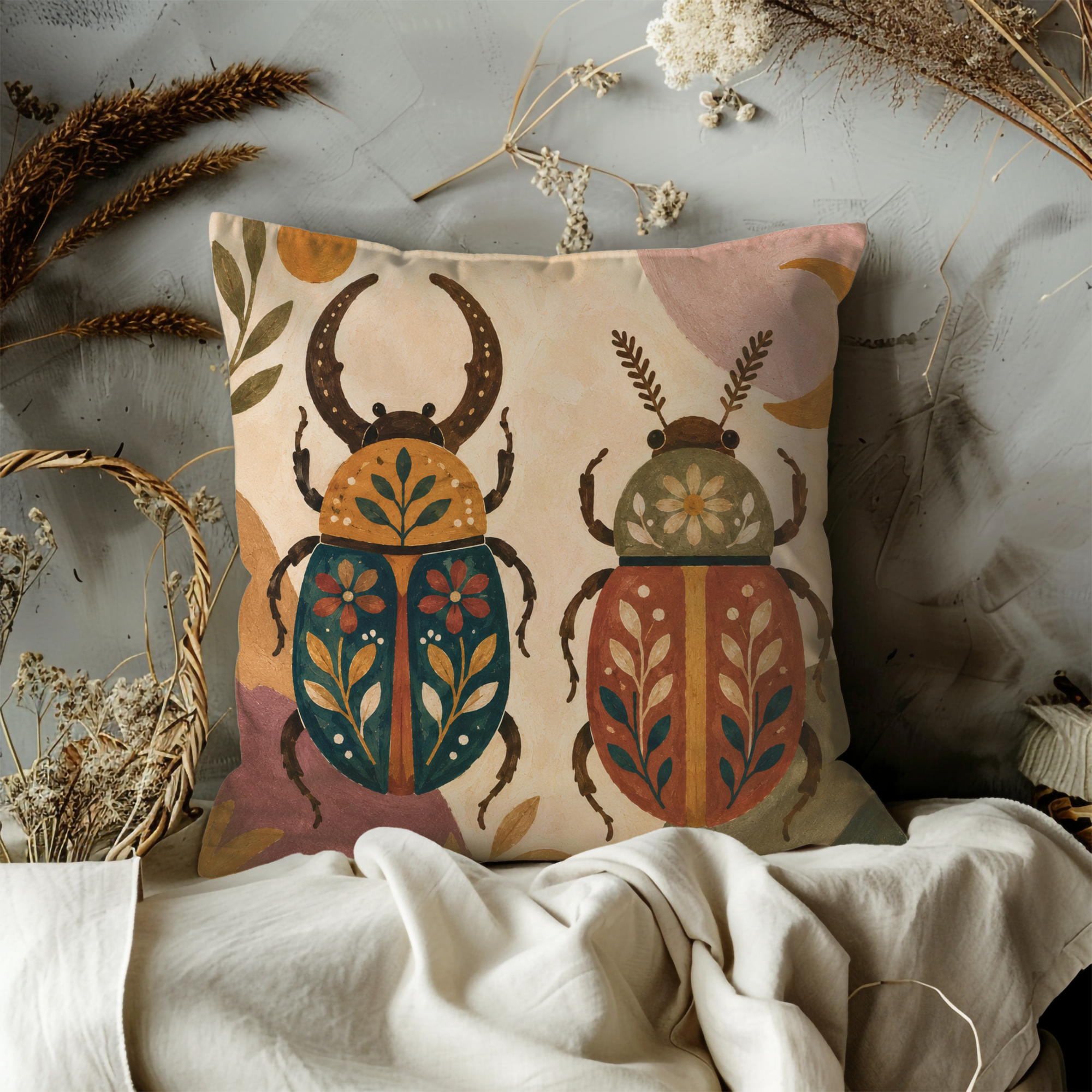 Beetles Pillow Cover | Decorative Insect Art | Boho Decor