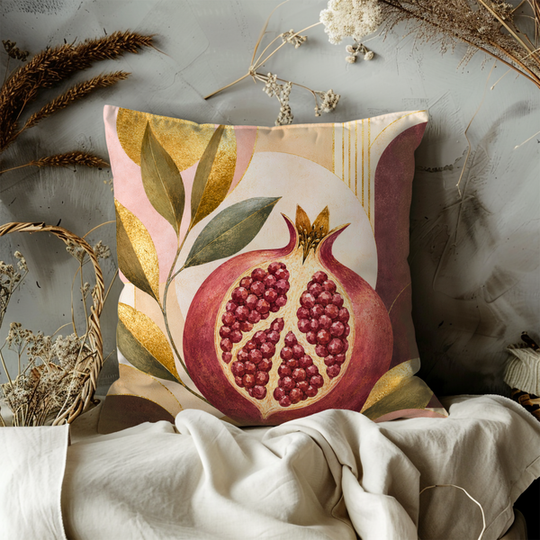 Pomegranate Pillow Cover – Abstract Botanical Art | Gold Decor