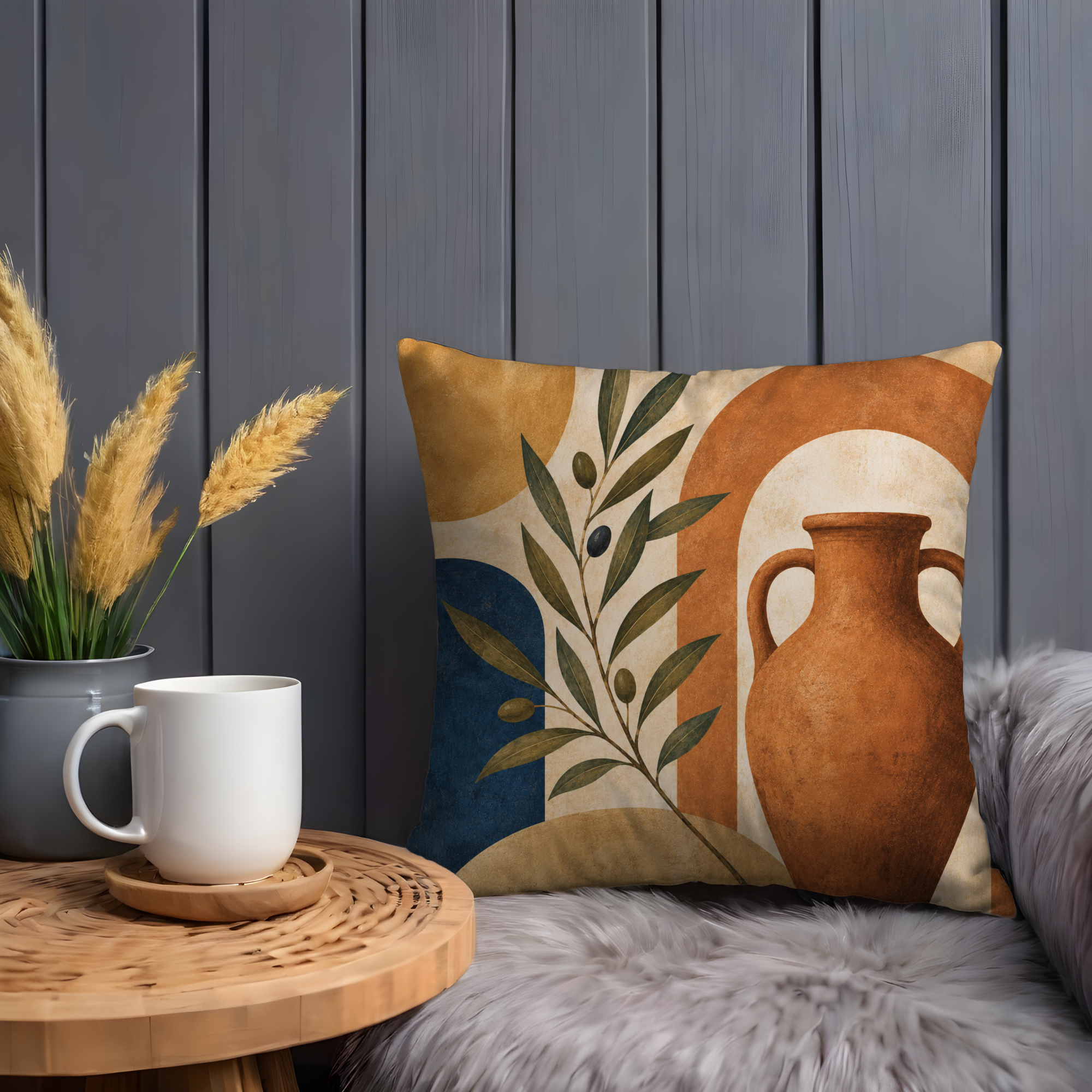 Olive Vase Pillow Cover | Abstract Mediterranean Art | Boho Decor