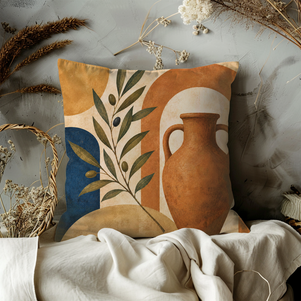 Olive Vase Pillow Cover – Abstract Mediterranean Art | Boho Decor