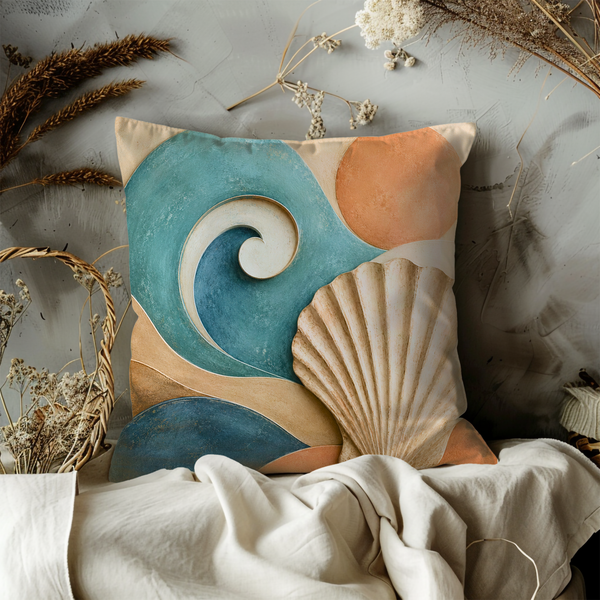 Wave and Shell Pillow Cover – Abstract Coastal Art | Boho Decor