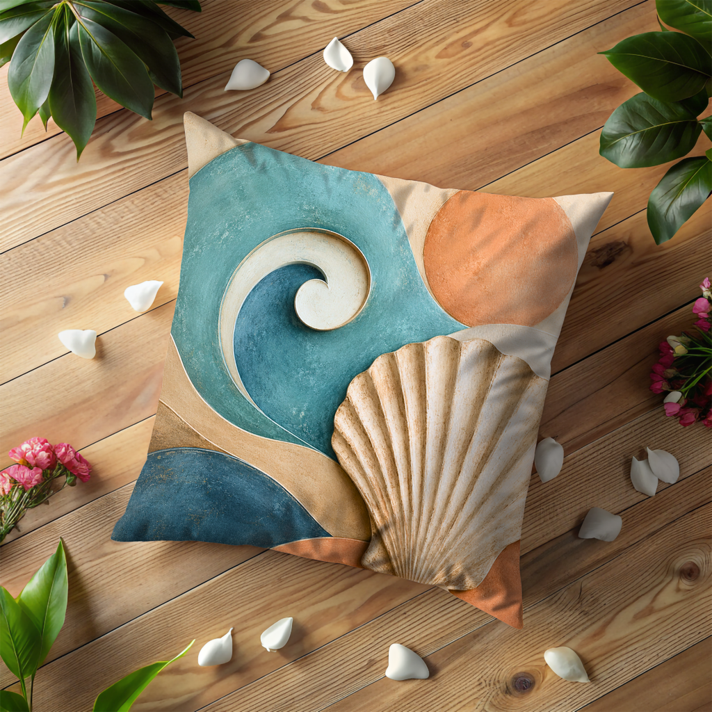 Wave and Shell Pillow Cover | Abstract Coastal Art | Boho Decor
