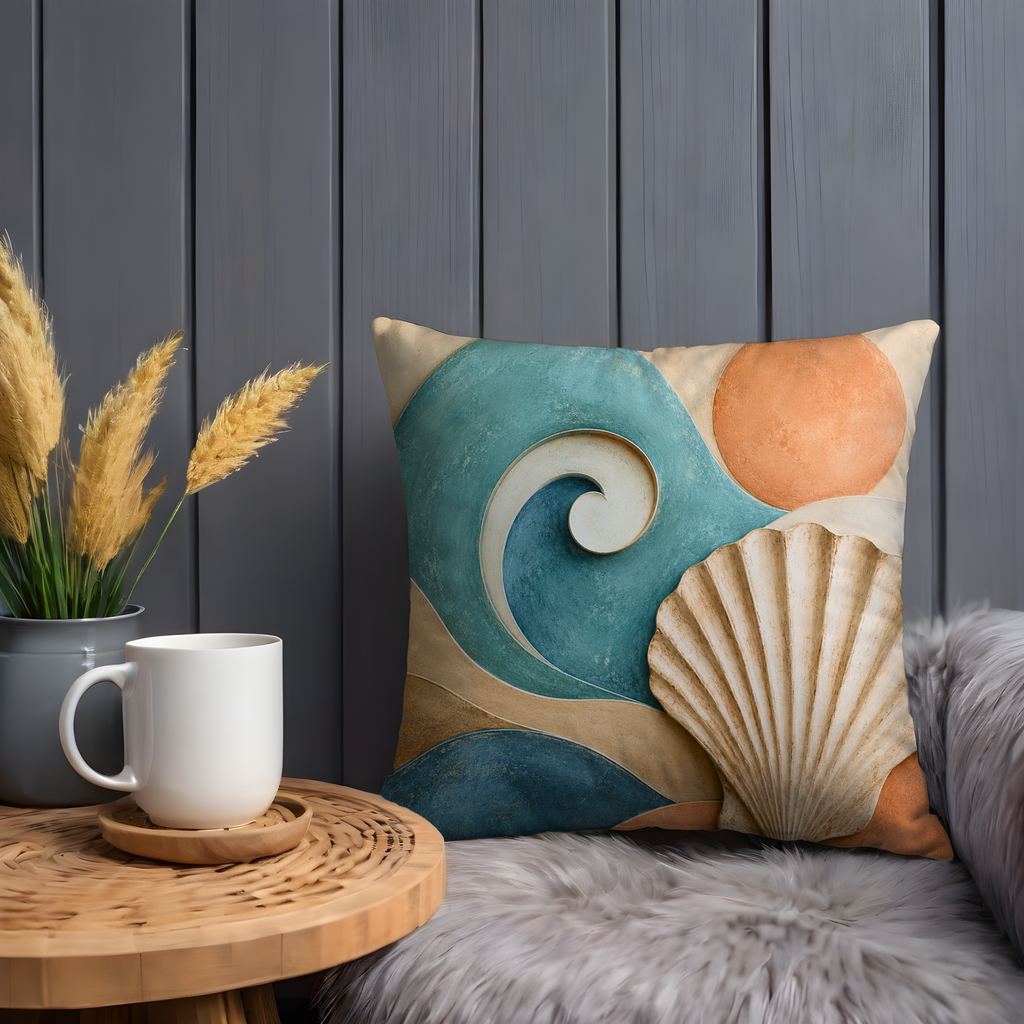 Wave and Shell Pillow Cover | Abstract Coastal Art | Boho Decor