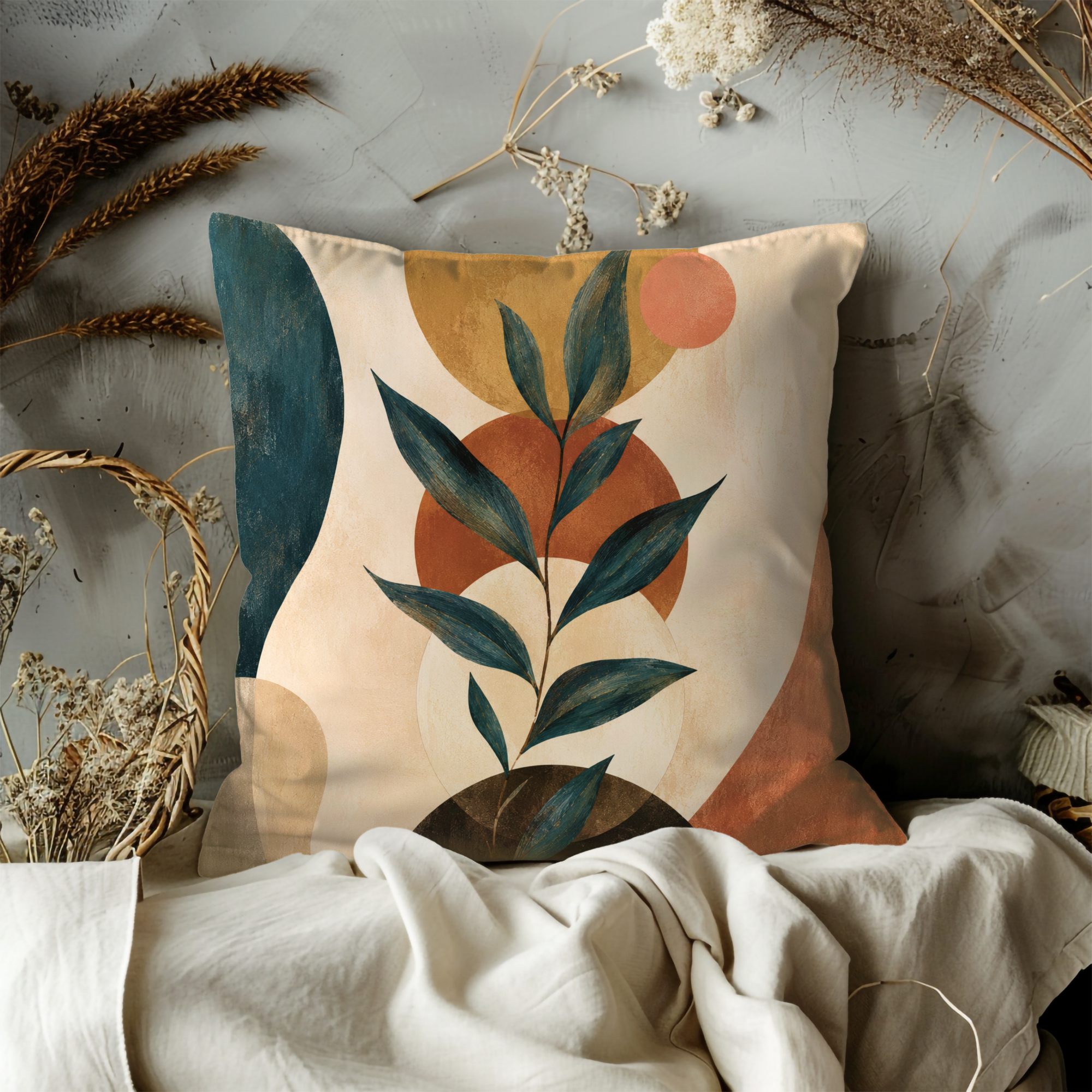 Abstract Botanical Pillow Cover | Modern Geometric Art | Warm Nature Decor