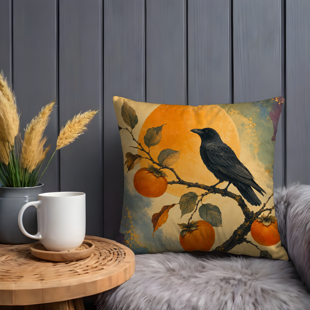 Raven and Persimmons Pillow Cover | Japanese Inspired Art | Artistic Nature Decor