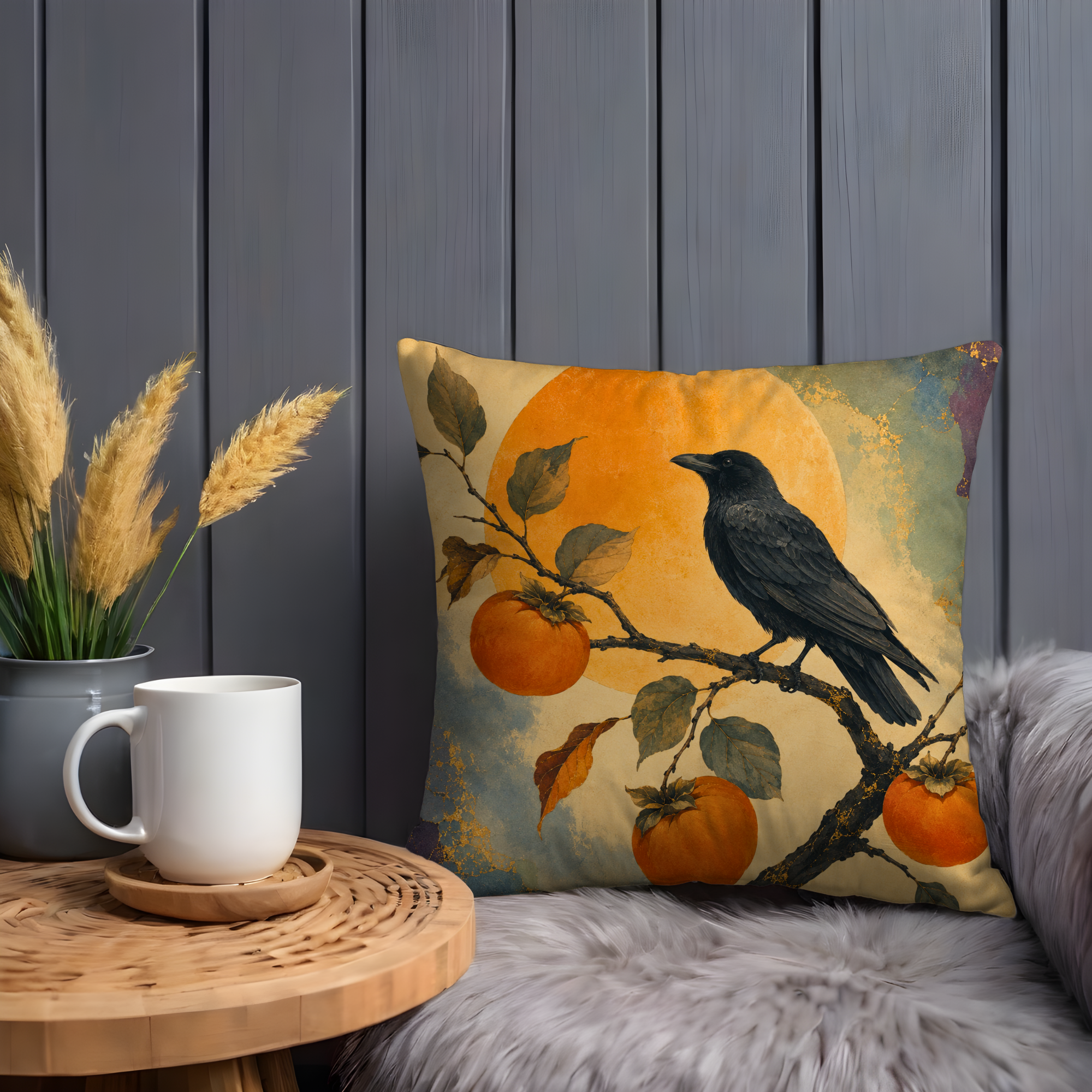 Raven and Persimmons Pillow Cover | Japanese Inspired Art | Artistic Nature Decor
