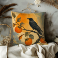 Raven and Persimmons Pillow Cover | Japanese Inspired Art | Artistic Nature Decor
