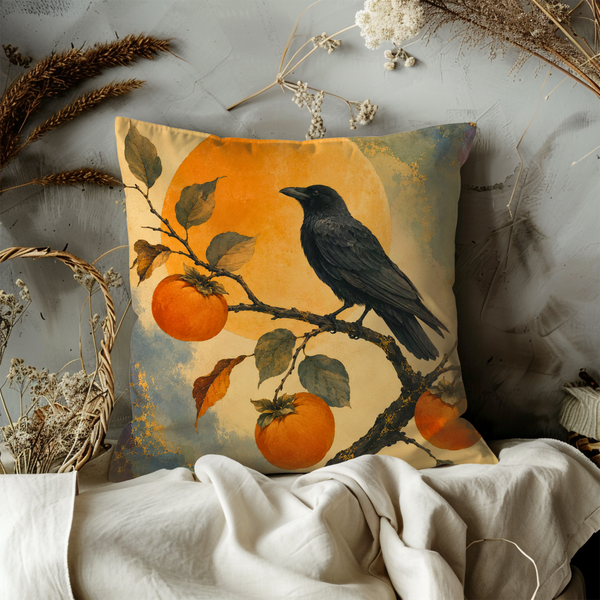 Raven and Persimmons Pillow Cover – Japanese Inspired Art | Artistic Nature Decor