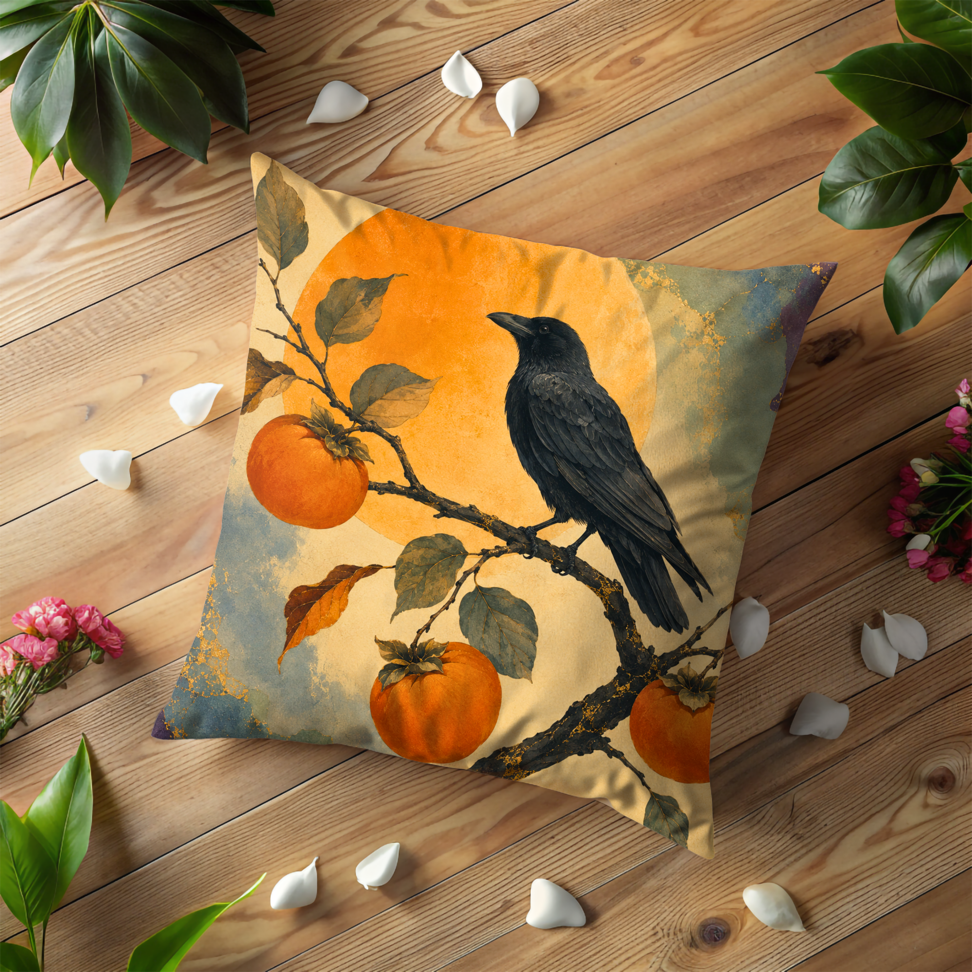 Raven and Persimmons Pillow Cover | Japanese Inspired Art | Artistic Nature Decor