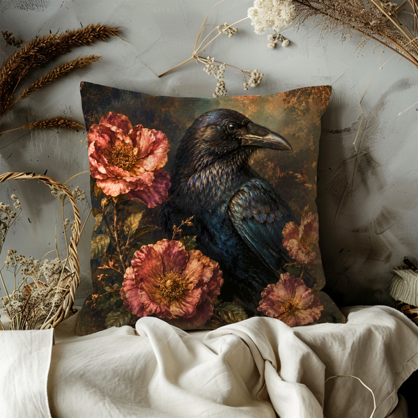 Raven and Peonies Pillow Cover – Dark Romantic Art | Gothic Wildlife Decor