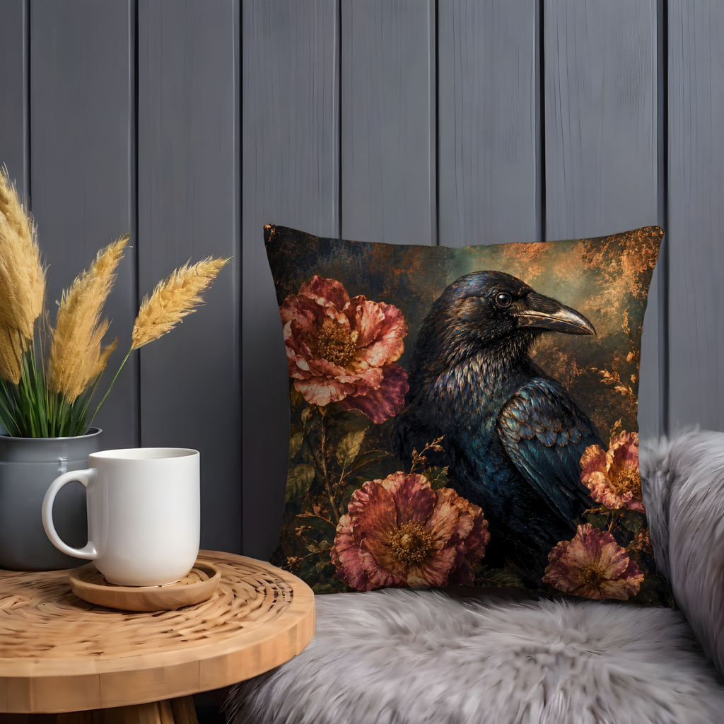 Raven and Peonies Pillow Cover | Dark Romantic Art | Gothic Wildlife Decor