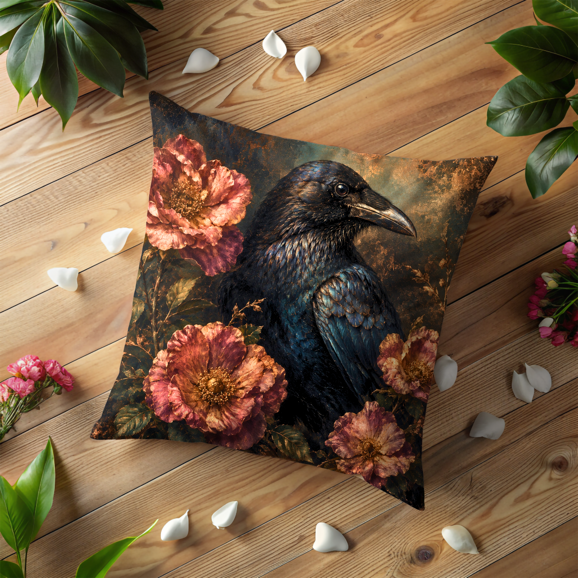 Raven and Peonies Pillow Cover | Dark Romantic Art | Gothic Wildlife Decor