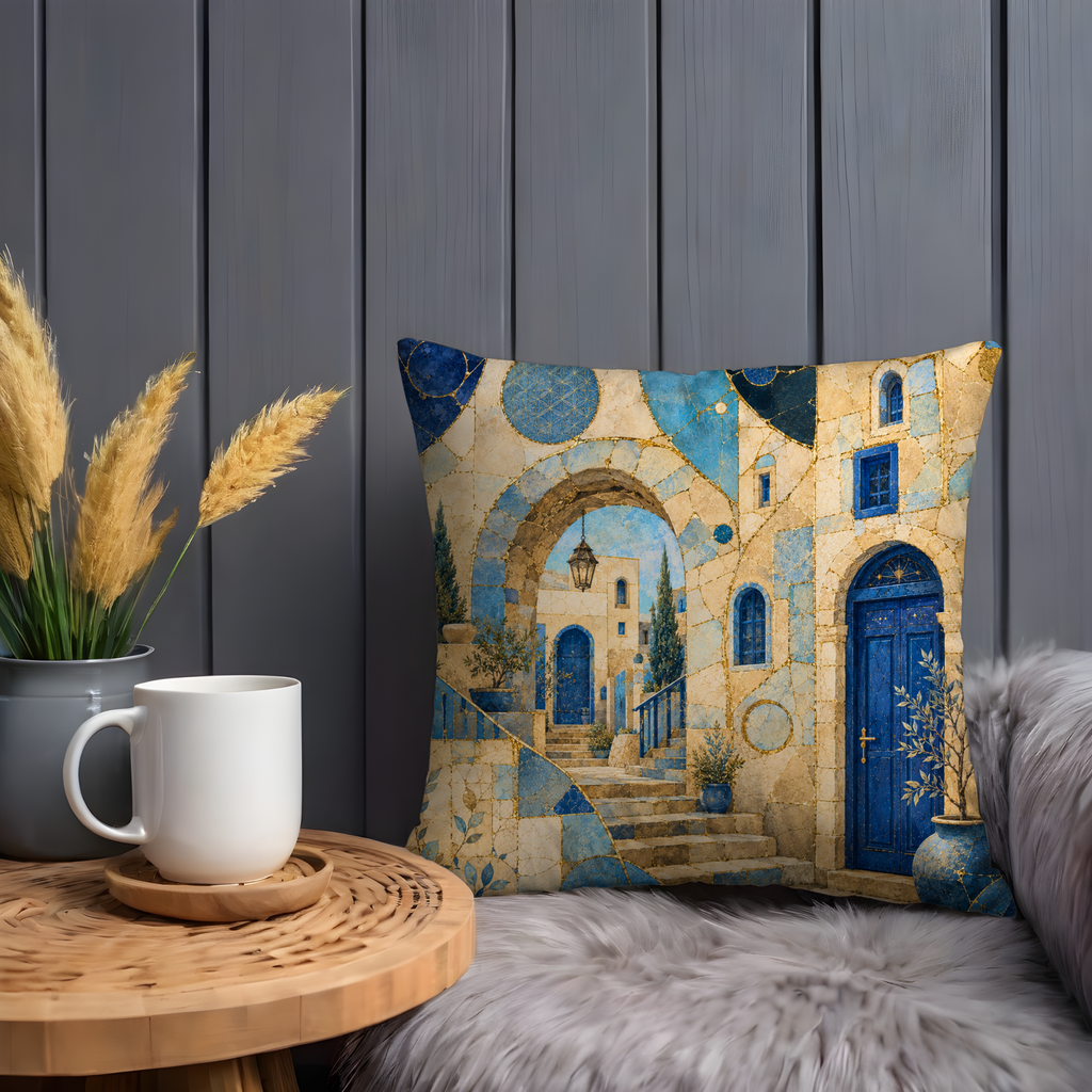 Mediterranean Blue Door Pillow Cover | Old Town Arch Art | Gold Crackle Decor