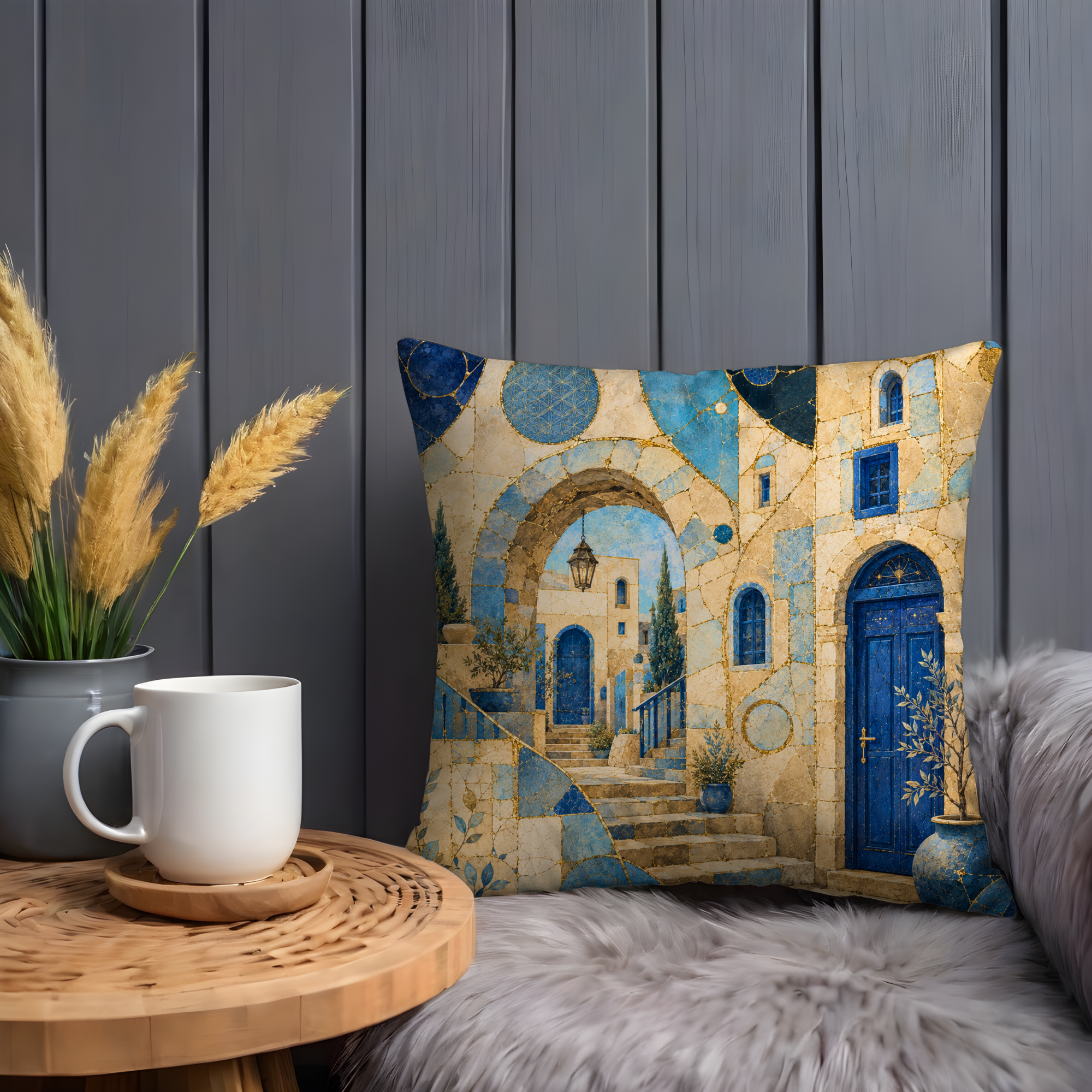 Mediterranean Blue Door Pillow Cover | Old Town Arch Art | Gold Crackle Decor