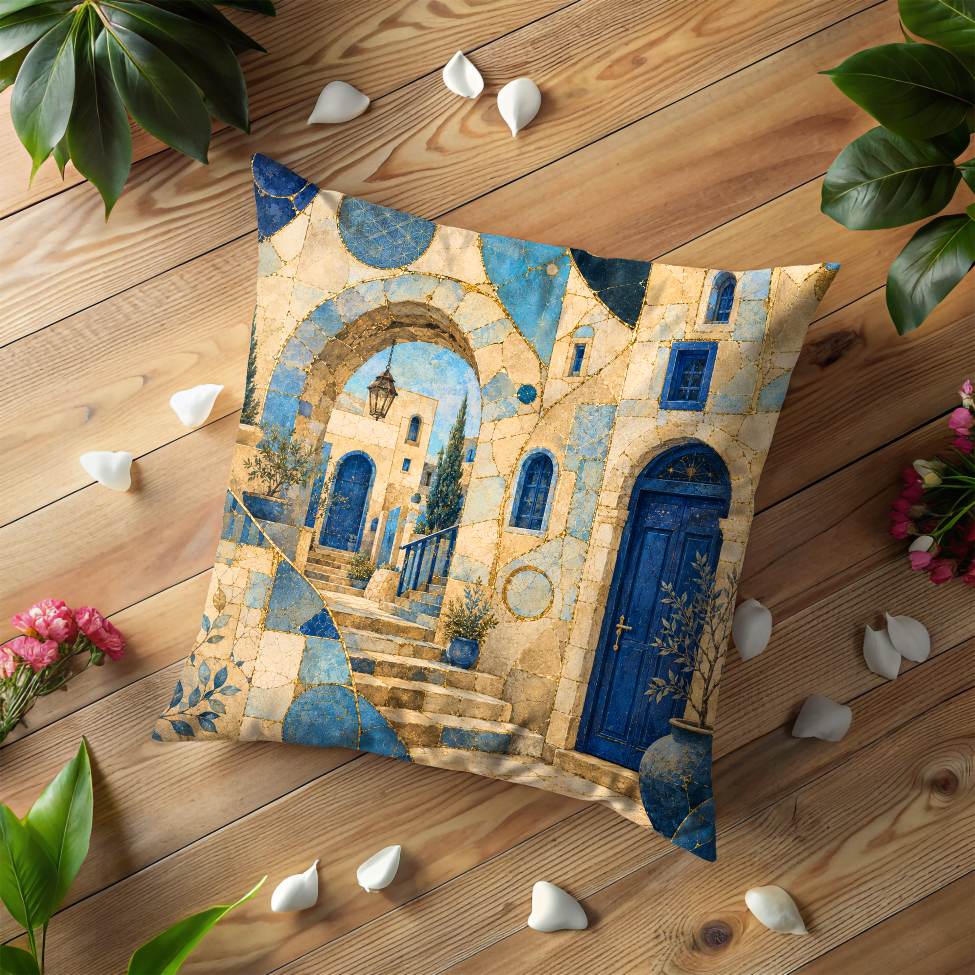 Mediterranean Blue Door Pillow Cover | Old Town Arch Art | Gold Crackle Decor