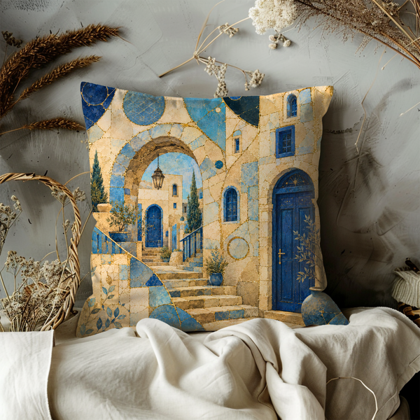 Mediterranean Blue Door Pillow Cover – Old Town Arch Art | Gold Crackle Decor