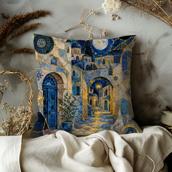 Mystical Safed Alley Pillow Cover – Old City Night Art | Gold Crackle Decor