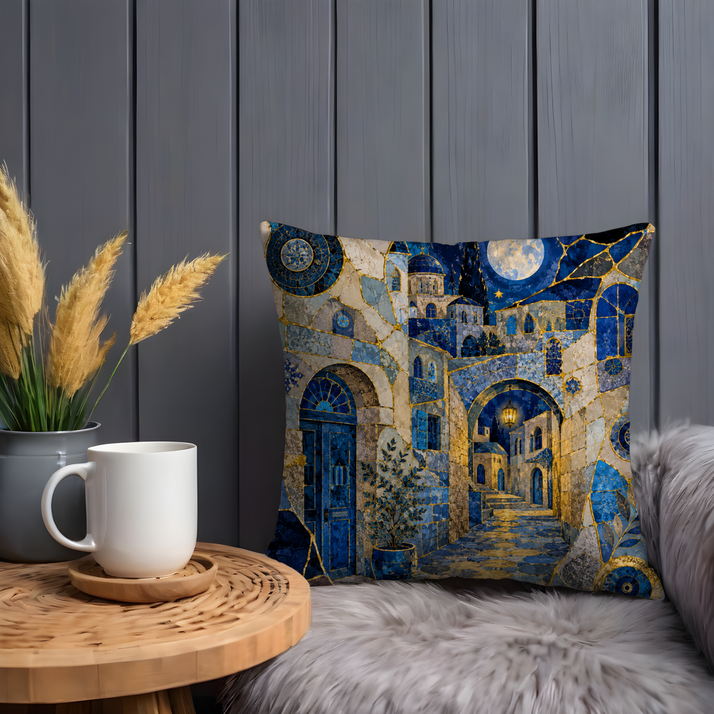 Mystical Safed Alley Pillow Cover | Old City Night Art | Gold Crackle Decor