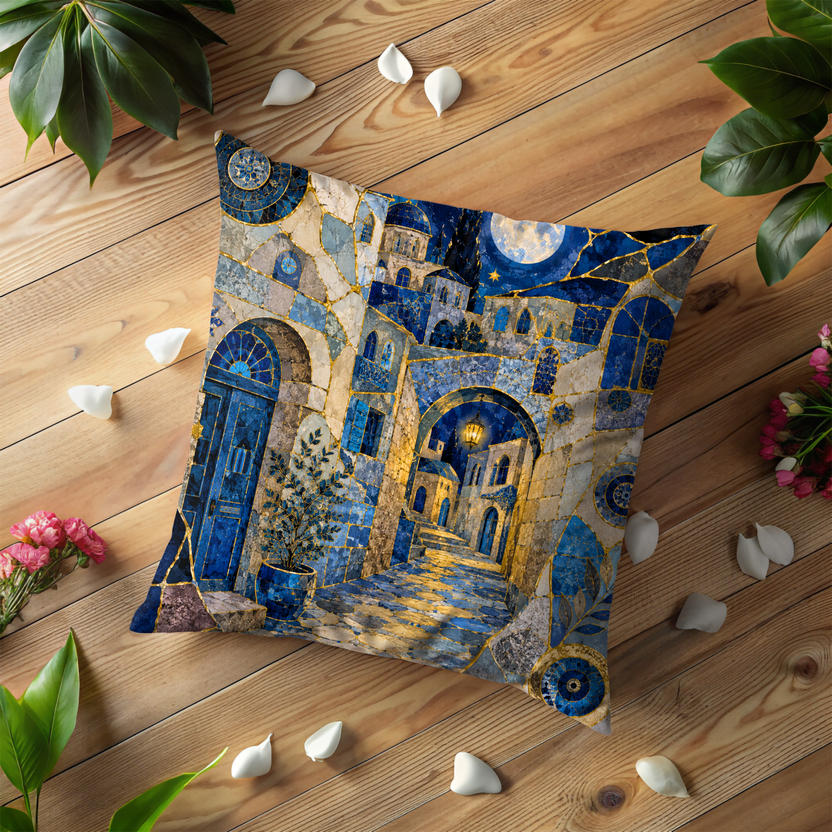 Mystical Safed Alley Pillow Cover – Old City Night Art | Gold Crackle Decor