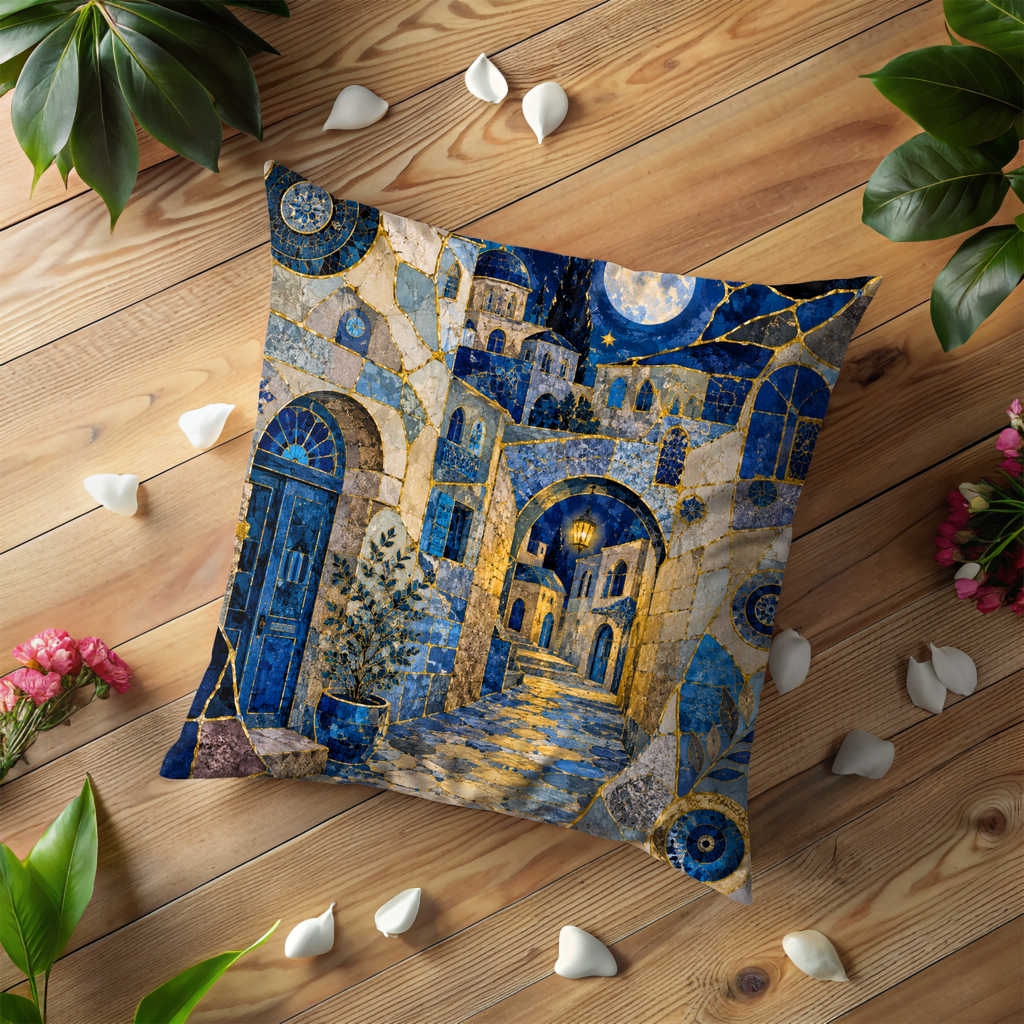 Mystical Safed Alley Pillow Cover | Old City Night Art | Gold Crackle Decor