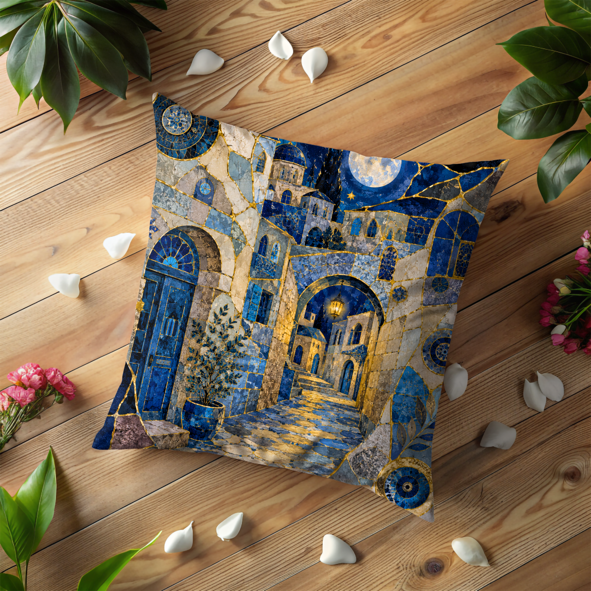 Mystical Safed Alley Pillow Cover | Old City Night Art | Gold Crackle Decor