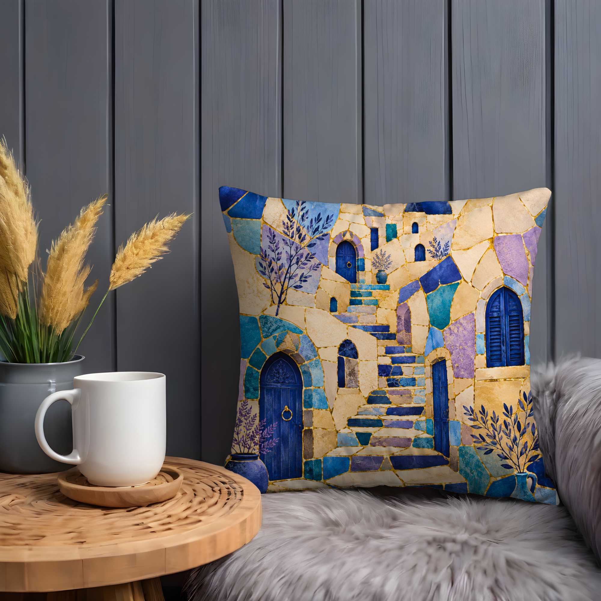 Safed Blue Alley Pillow Cover | Mosaic Old City Art | Gold Crackle Decor