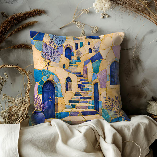 Safed Blue Alley Pillow Cover – Mosaic Old City Art | Gold Crackle Decor