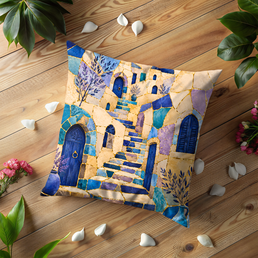 Safed Blue Alley Pillow Cover | Mosaic Old City Art | Gold Crackle Decor