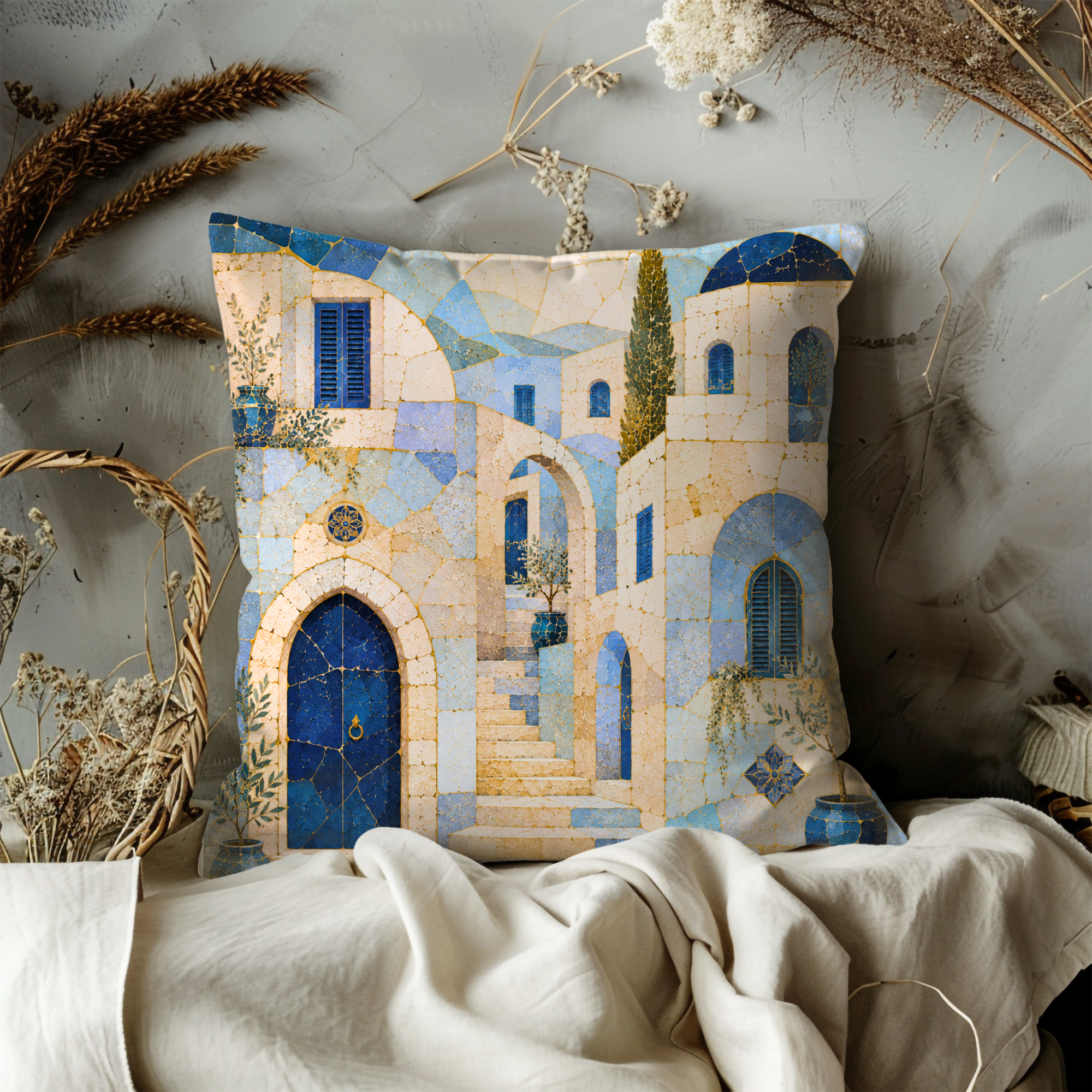 Safed Blue Alley Pillow Cover | Mosaic Old City Art | Gold Crackle Decor