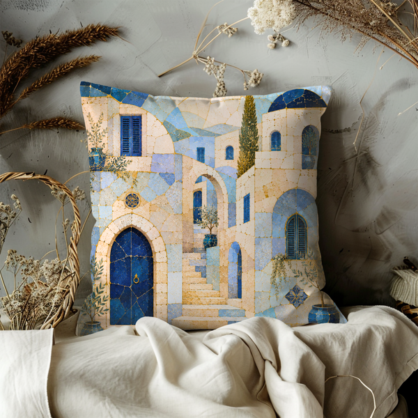 Safed Blue Alley Pillow Cover – Mosaic Old City Art | Gold Crackle Decor