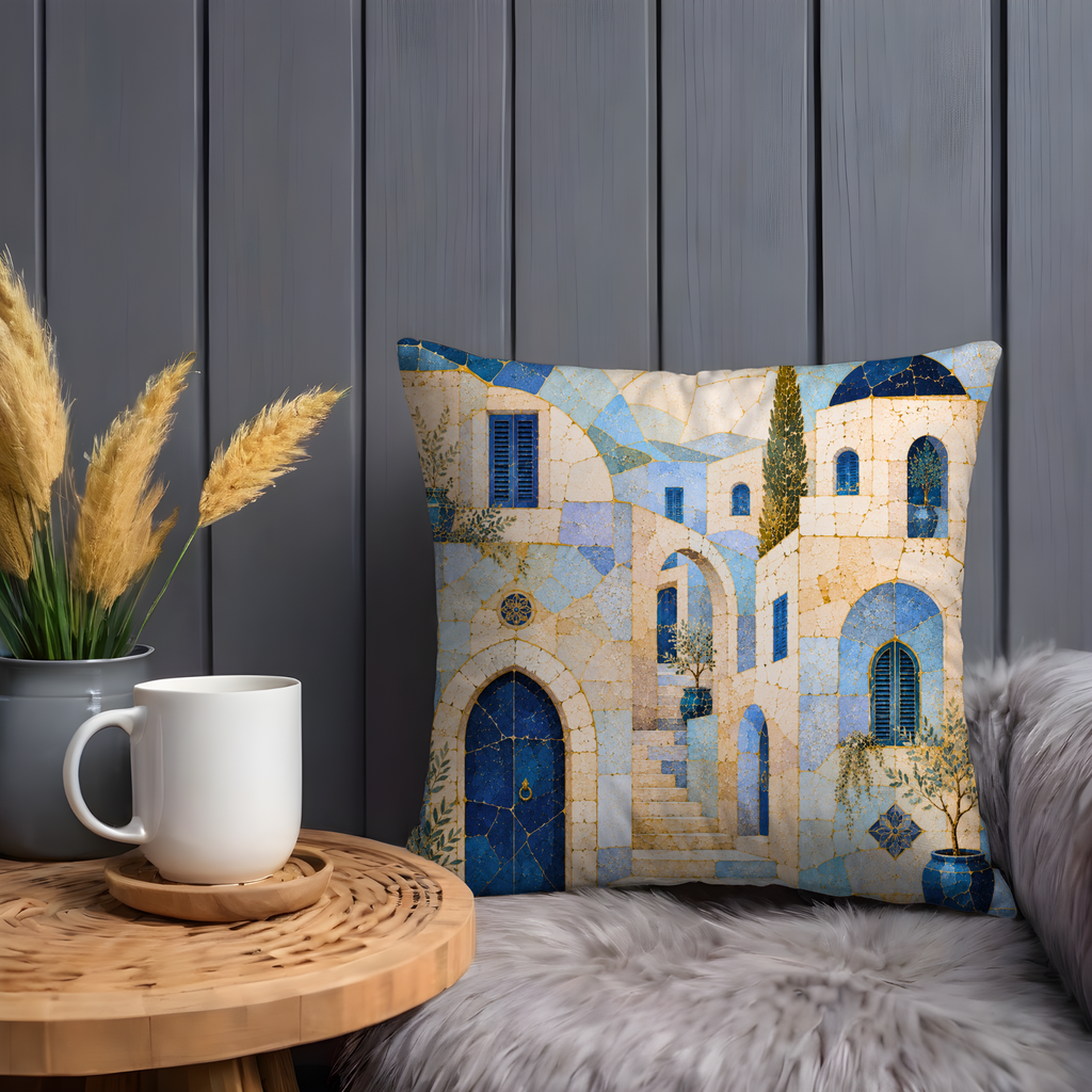 Safed Blue Alley Pillow Cover | Mosaic Old City Art | Gold Crackle Decor
