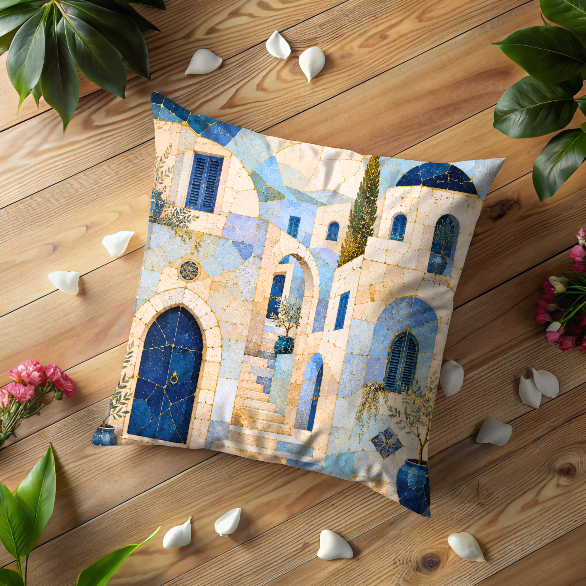 Safed Blue Alley Pillow Cover | Mosaic Old City Art | Gold Crackle Decor