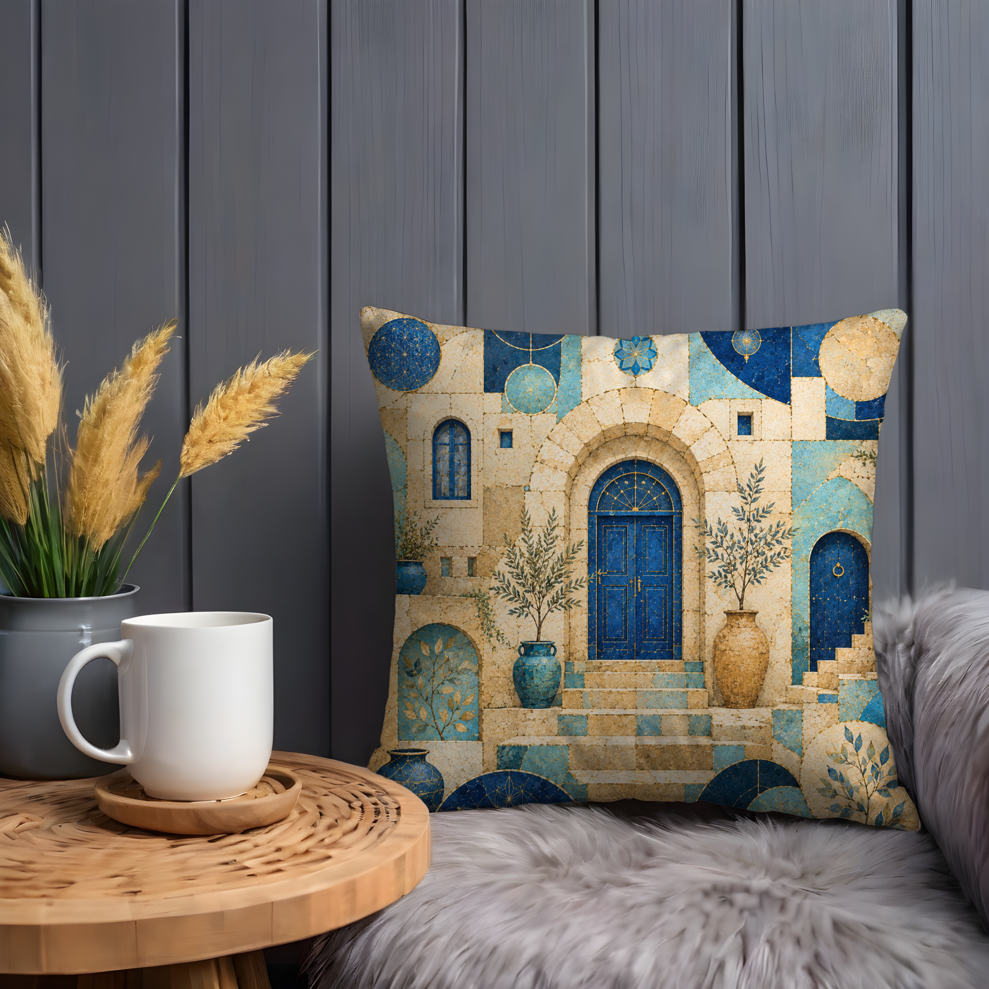 Safed Blue Door Pillow Cover | Mosaic Old City Art | Gold Crackle Decor