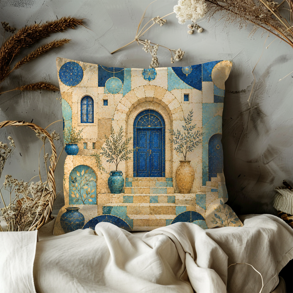 Safed Blue Door Pillow Cover – Mosaic Old City Art | Gold Crackle Decor