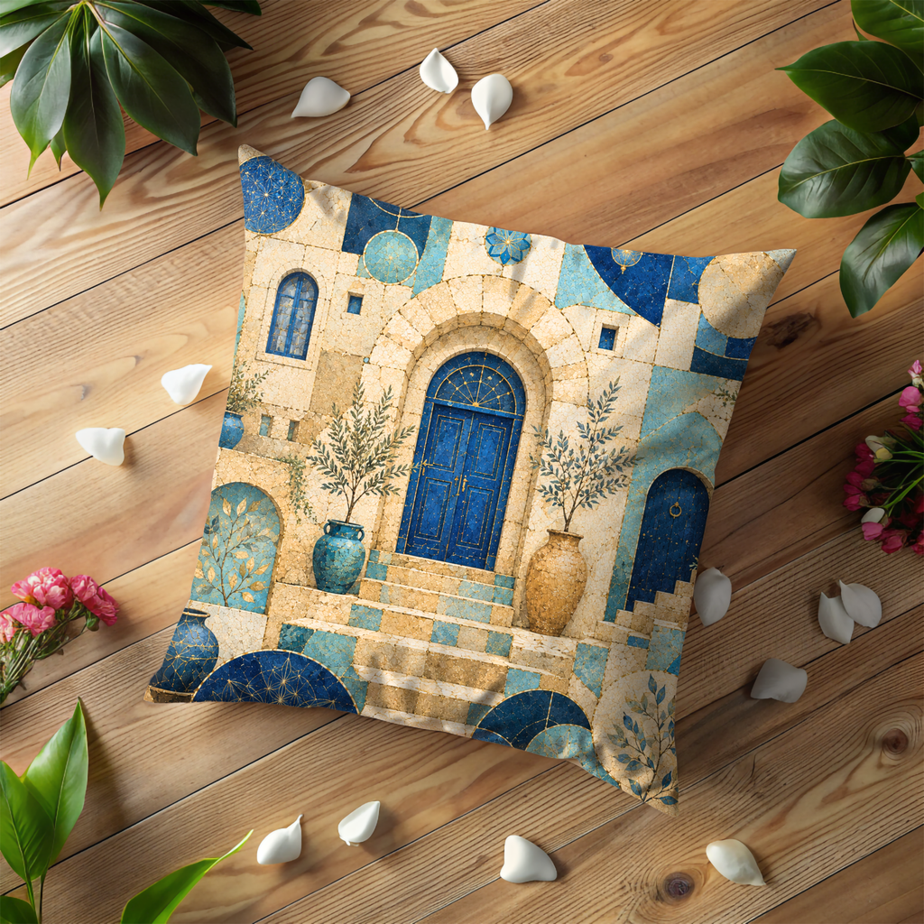Safed Blue Door Pillow Cover | Mosaic Old City Art | Gold Crackle Decor