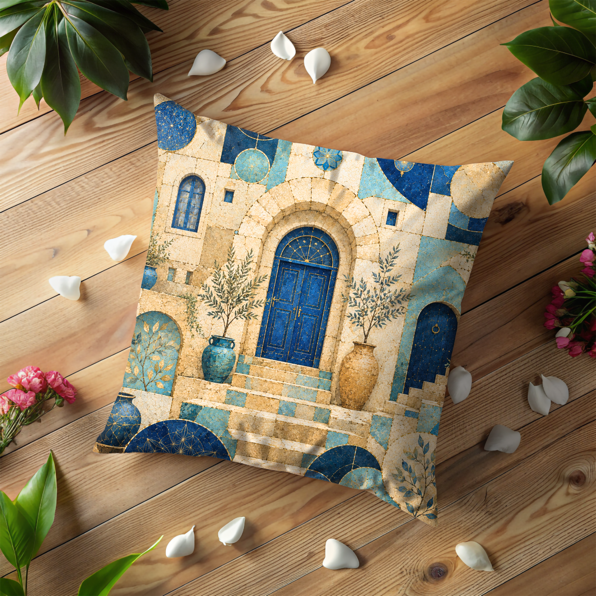 Safed Blue Door Pillow Cover | Mosaic Old City Art | Gold Crackle Decor