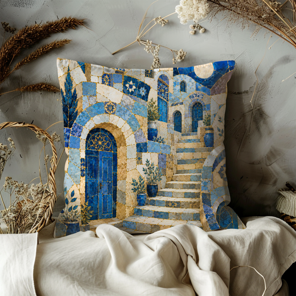 Safed Mosaic Alley Pillow Cover – Blue Door Old City Art | Gold Crackle Decor