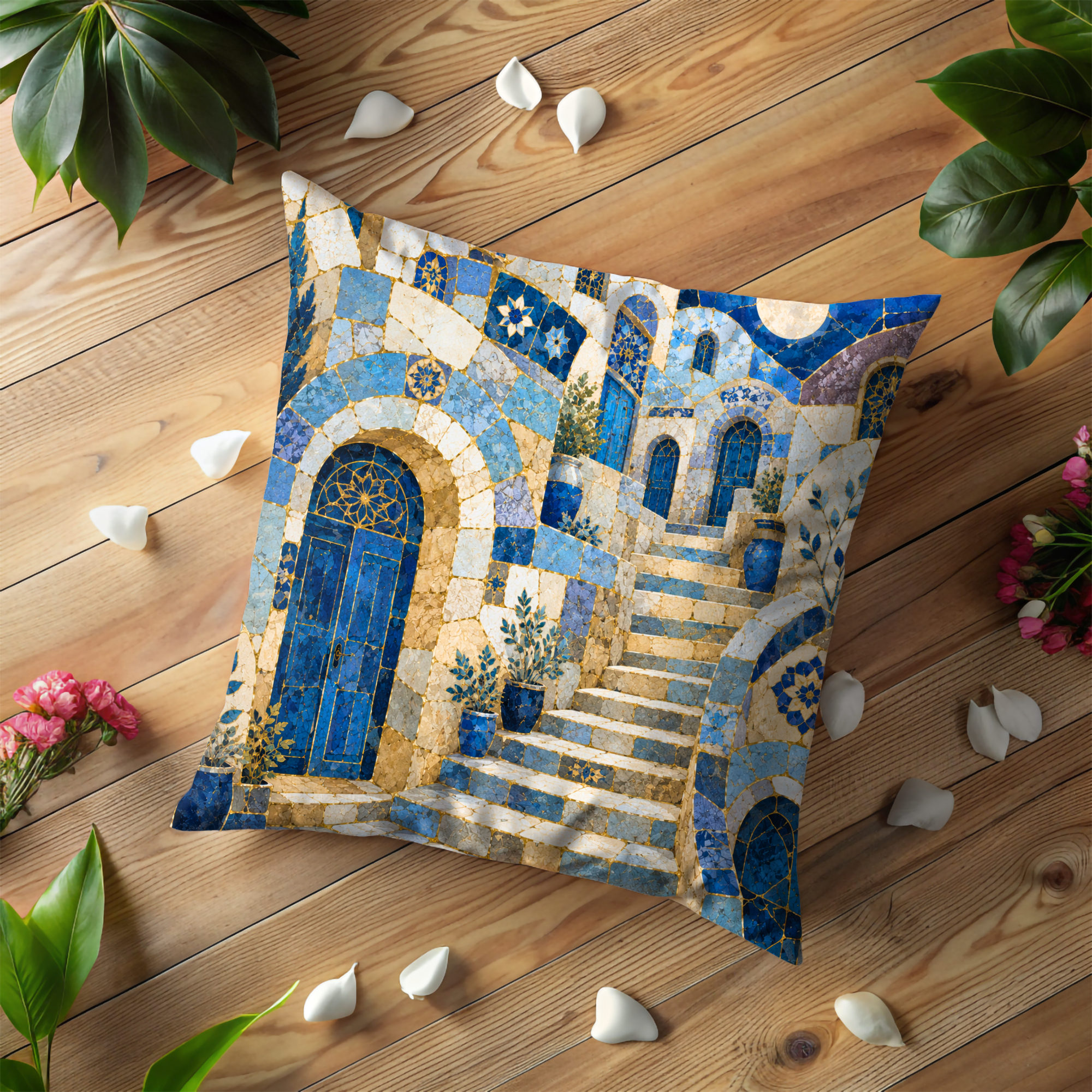 Safed Mosaic Alley Pillow Cover | Blue Door Old City Art | Gold Crackle Decor