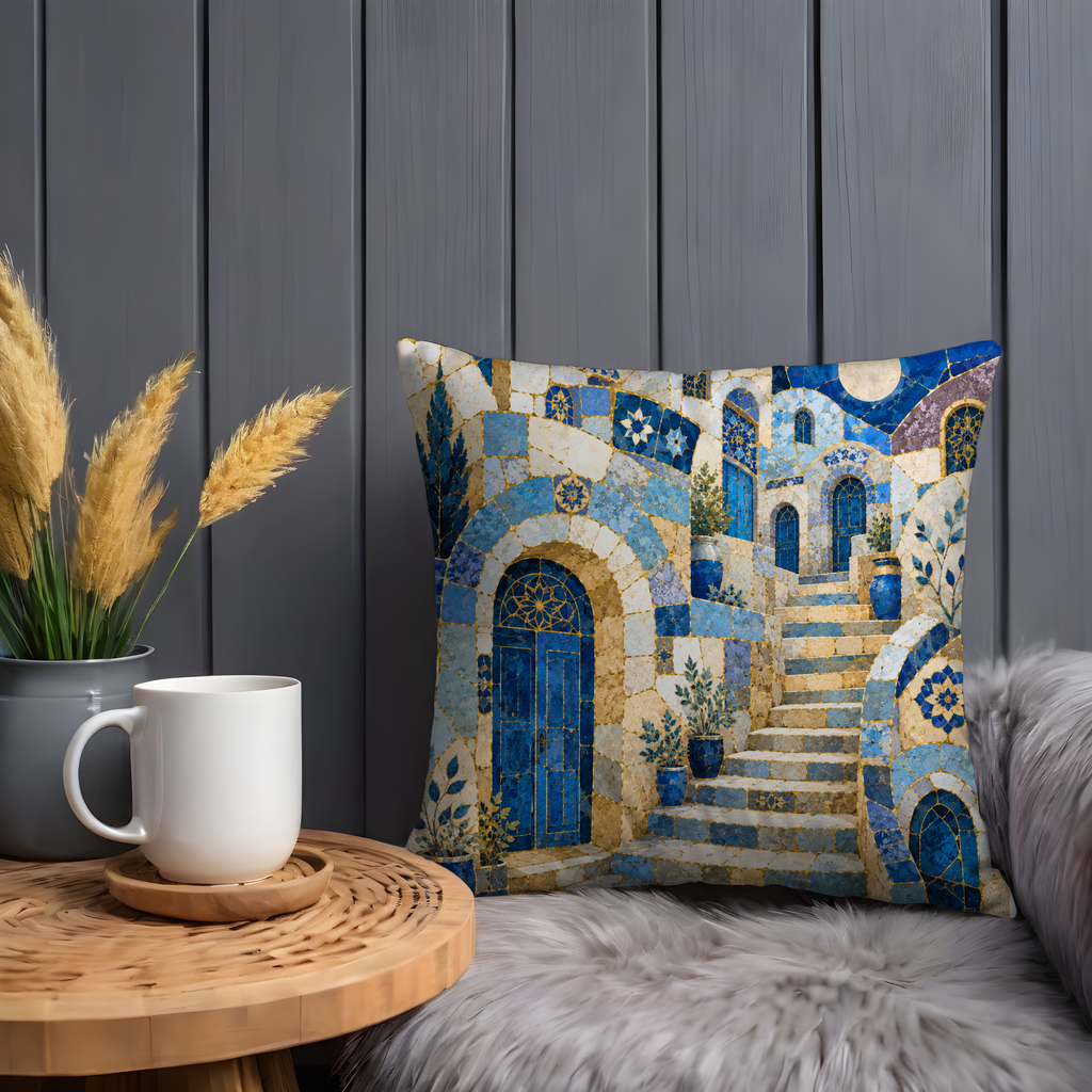 Safed Mosaic Alley Pillow Cover | Blue Door Old City Art | Gold Crackle Decor