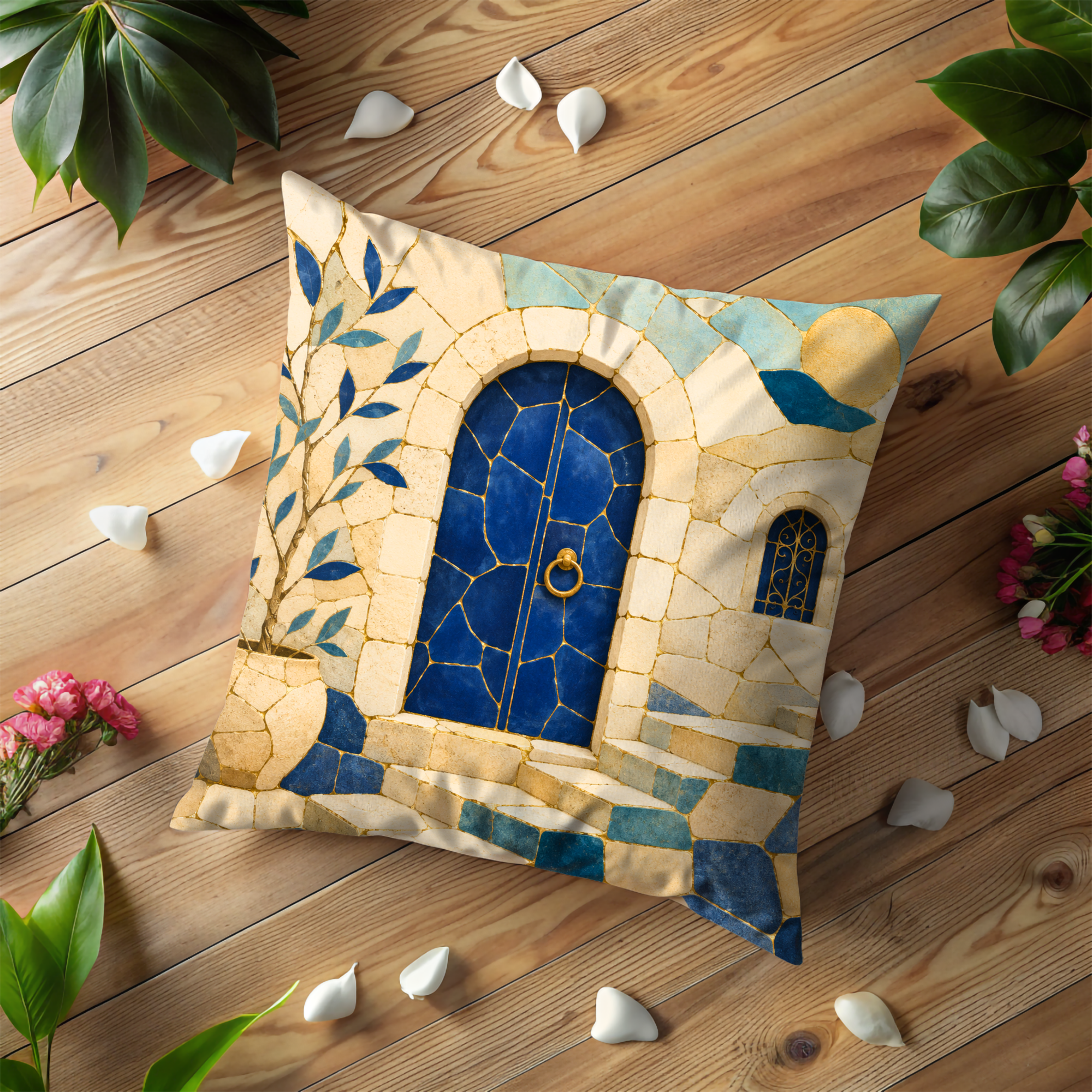 Safed Blue Door Pillow Cover | Mosaic Arch Art | Gold Crackle Decor