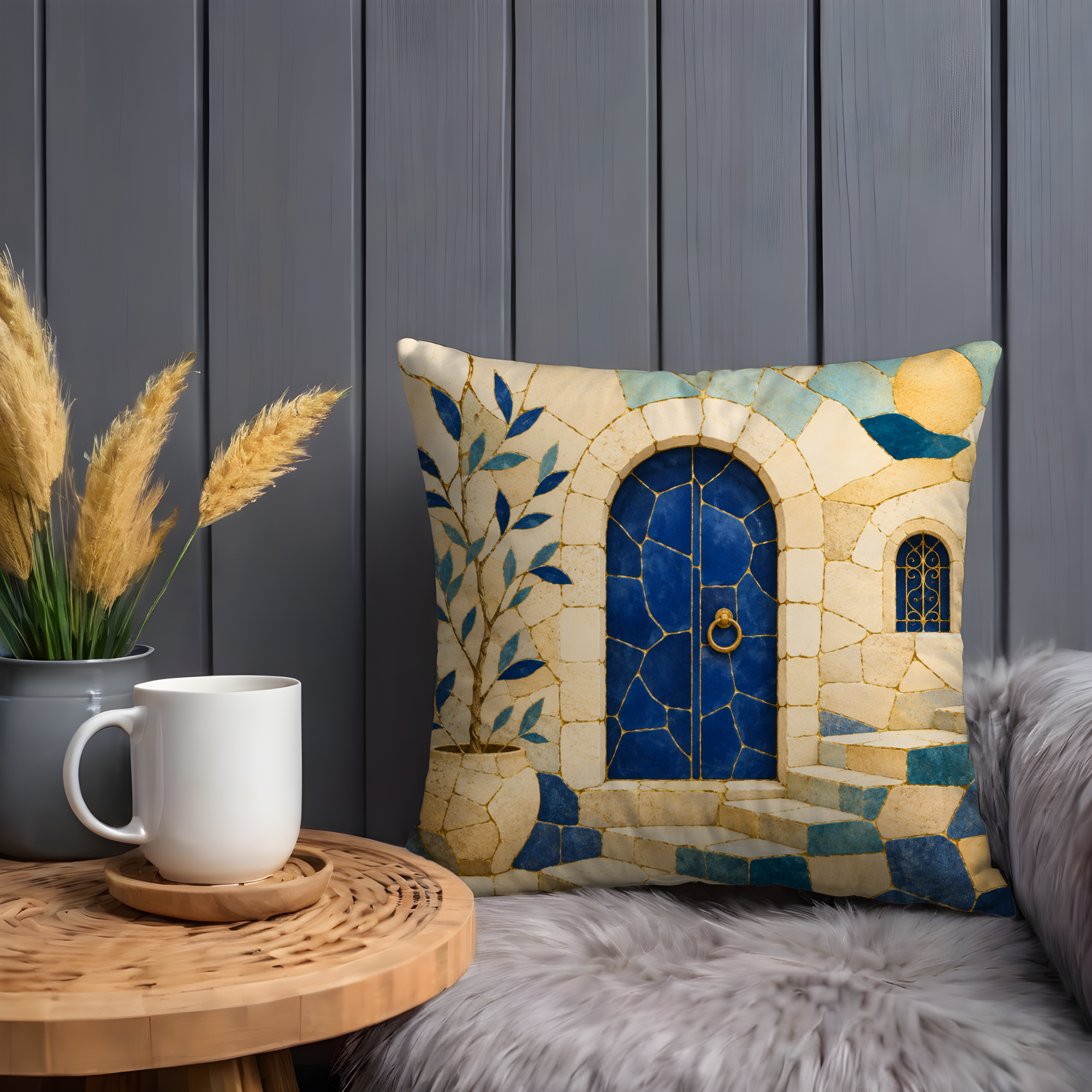 Safed Blue Door Pillow Cover | Mosaic Arch Art | Gold Crackle Decor